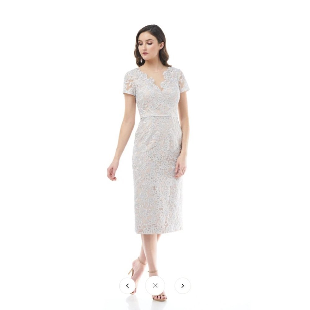 J S Collections Nude Sliver illusion Lace V-Neck Short Sleeves Sheath Dress 8